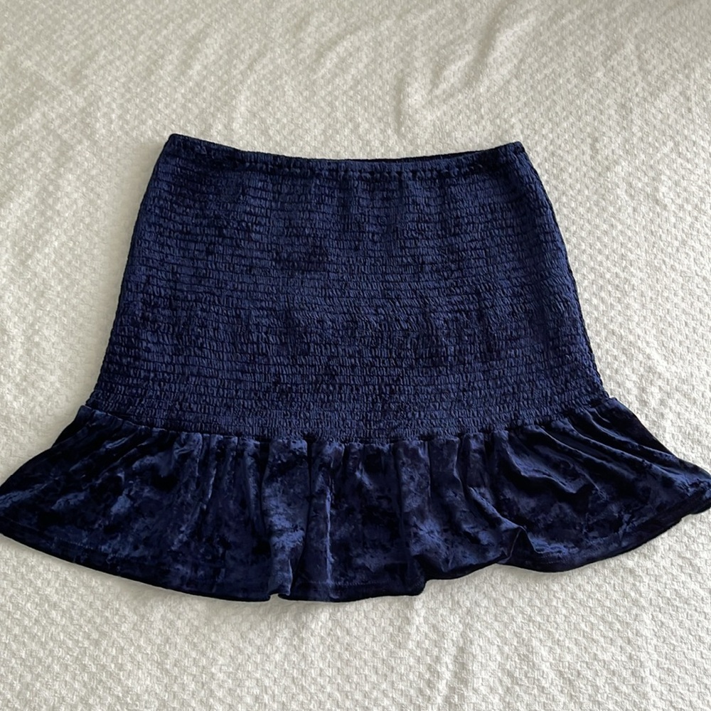 Aqua Velvet Smocked Ruffled Flounce Mini Skirt Navy Size L - Picture 7 of 10
